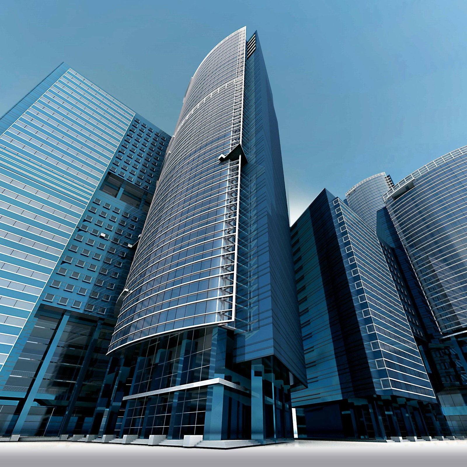Futuristic urban skyscrapers with glass facades reflecting a vibrant blue sky.